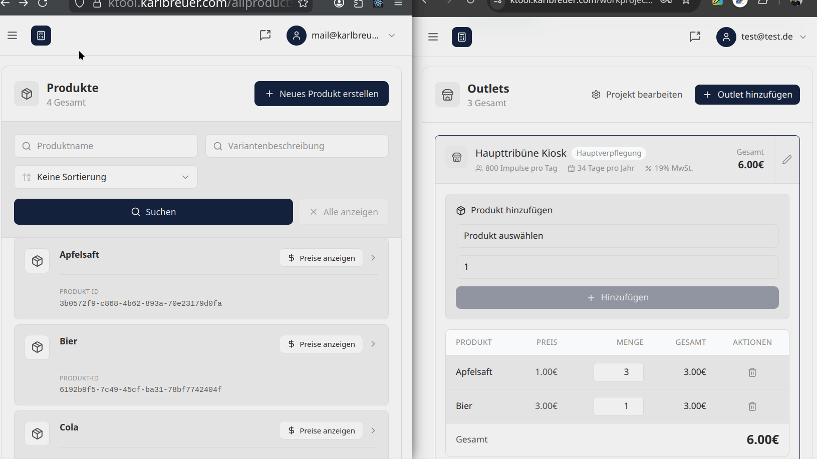 Two browser windows side by side. User A changes a price, User B sees the change immediately.