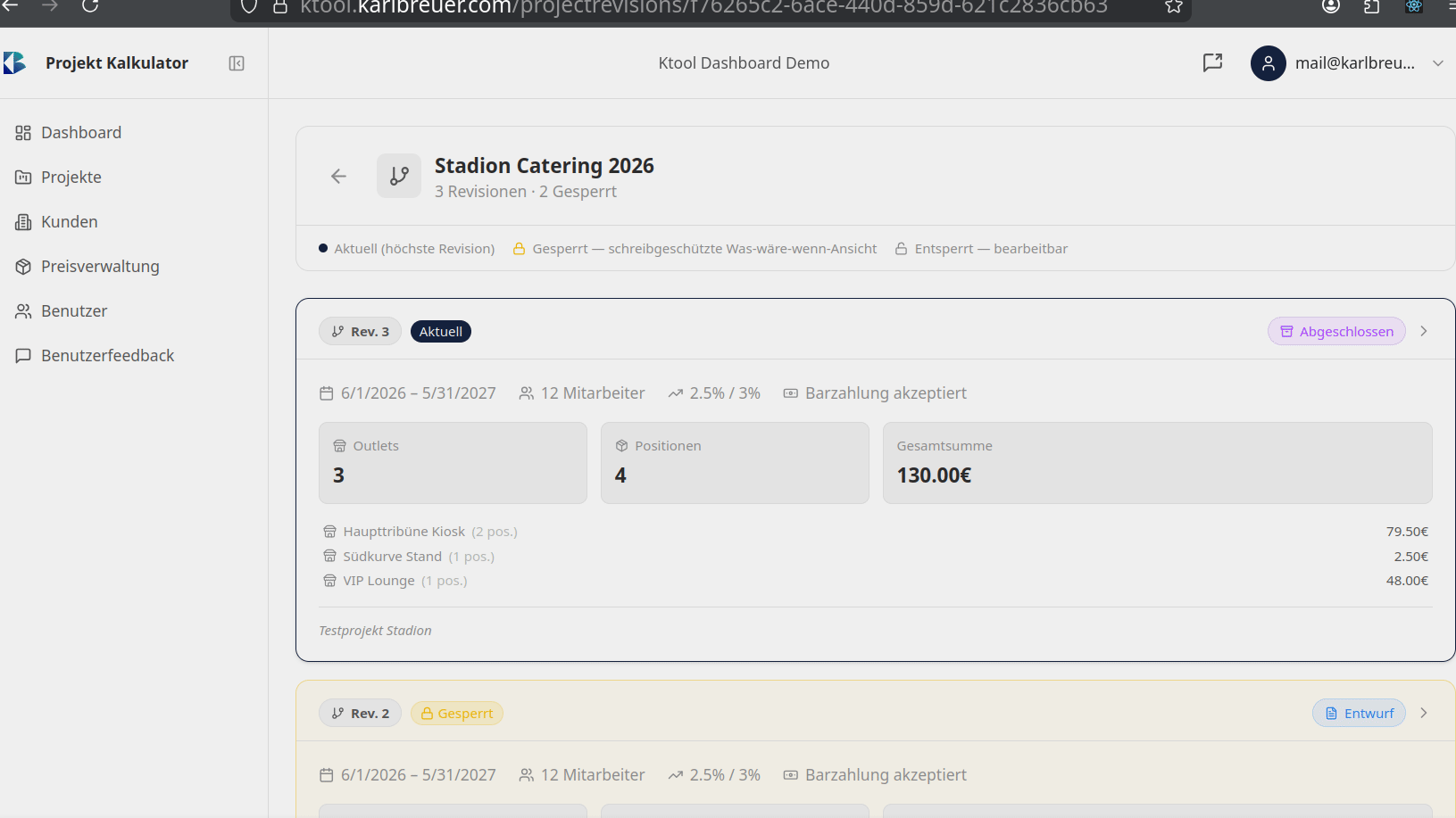 Project is locked, new revision appears in the overview. Old revision is read-only.